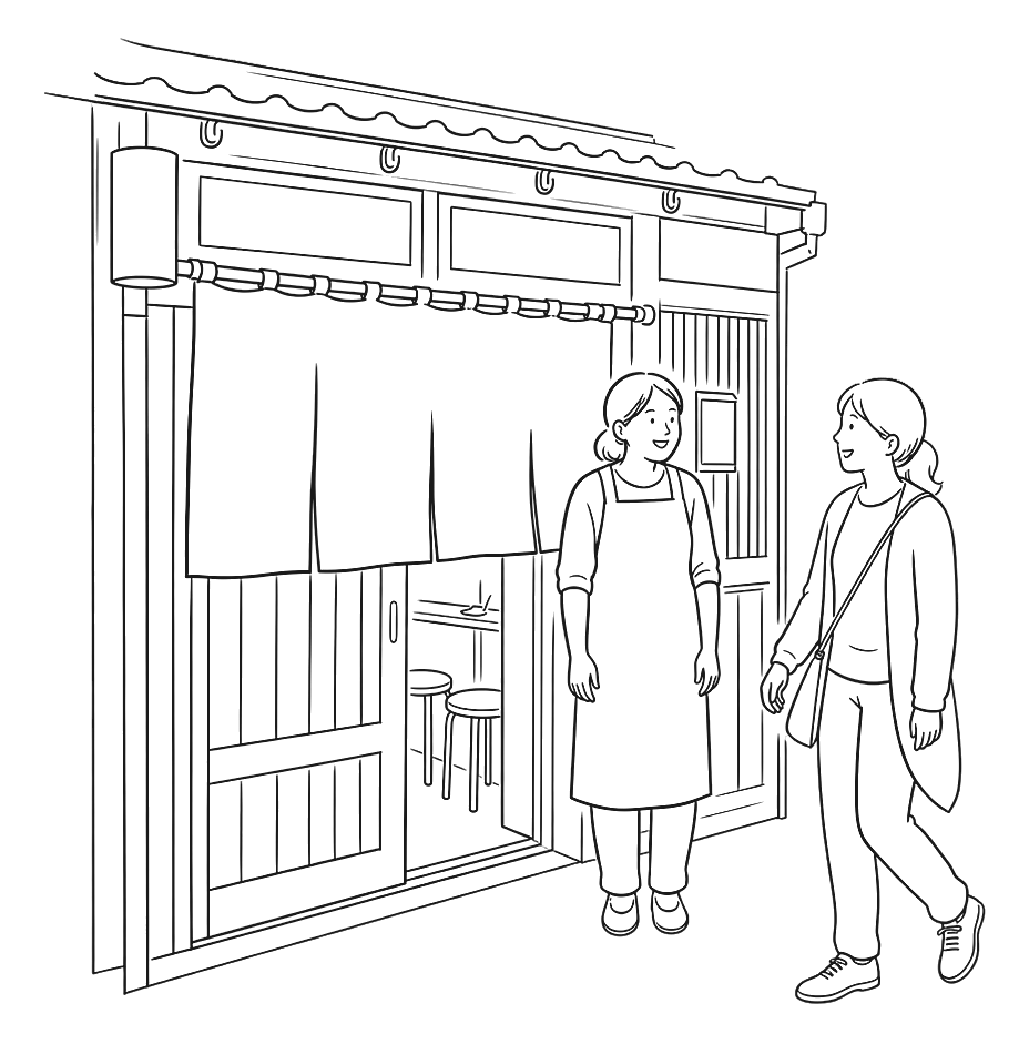 京都の街角にある暖簾の入口で、二人の女性が向き合って話している線画イラスト